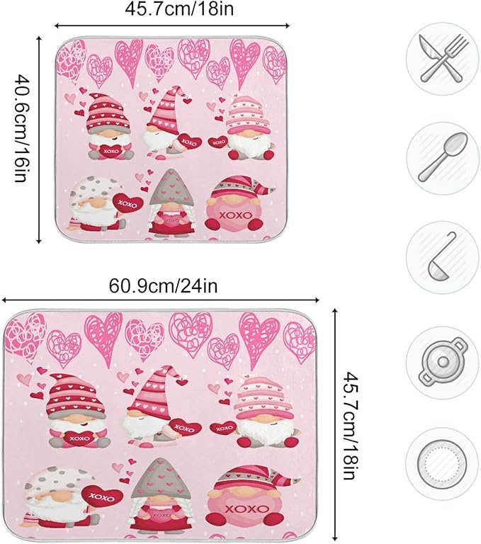 Happy Valentine Hearts Gnomes Dish Drying Mat 16 X 18 In Red Love Absorbent Microfiber Dry Dishes Pads Tableware Mats Protector for Kitchen Countertops Counter Home Decorations