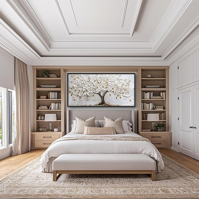 Olivine Tree Large Wall Art, White And Golden Pictures Wall Decor, Tree Of Life Paintings Canvas Prints, Framed Artwork for Dining Room Bedroom Living Room Office Bathroom Home Decoration 60"x30"