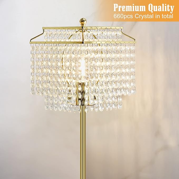 Luvkczc Gold Crystal Floor Lamp, 64" Tall Elegant Standing Lamp with On-Off Foot Switch, Double-Layer Lampshade, Standing Floor Lamps for Living Room, Bedroom, Office, 8W LED Bulb Included