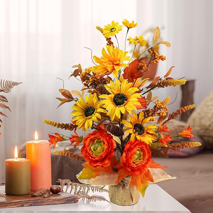 Fall Table Tree, Tabletop Artificial Fall Tree with Sunflowers Berries Maple Leaves Burlap Base Fall Decorations for Autumn Office Home Harvest Thanksgiving Party