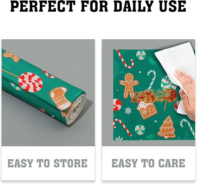 Gingerbread Placemats 12×18 Inches Set of 4 Holiday Green Indoor Kitchen Dining Table Place Mats for Home Party Decoration