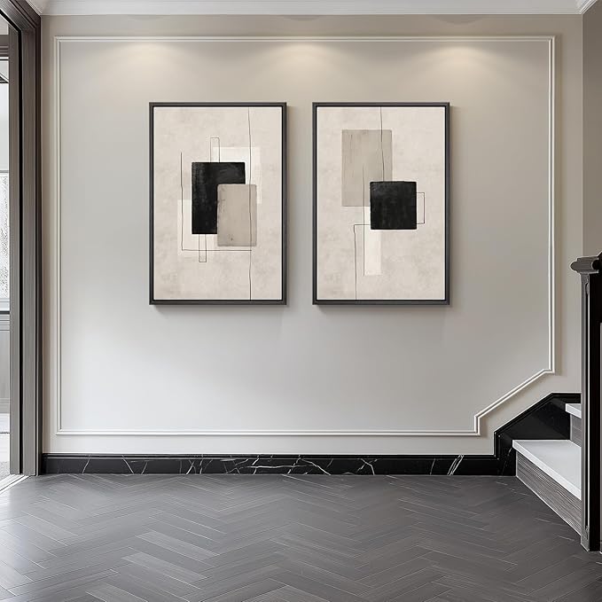 Large Framed Neutral Abstract Wall Art Set of 2, Black Beige Modern Canvas Prints Paintings Artwork for Walls, Minimalist Block Lines Pictures for Living Room Dining Room Bedroom Wall Decor 20x30 In