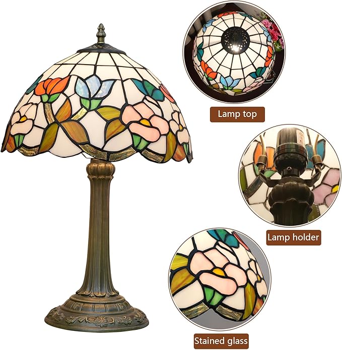 Tiffany Stained Glass Table Lamp, 12 Inch Pastoral Style Morning Glory Design Bedside Lamp, Suitable for Bedroom, Dining Room and Other Home Decoration Art (Pink, Blue and Orange)
