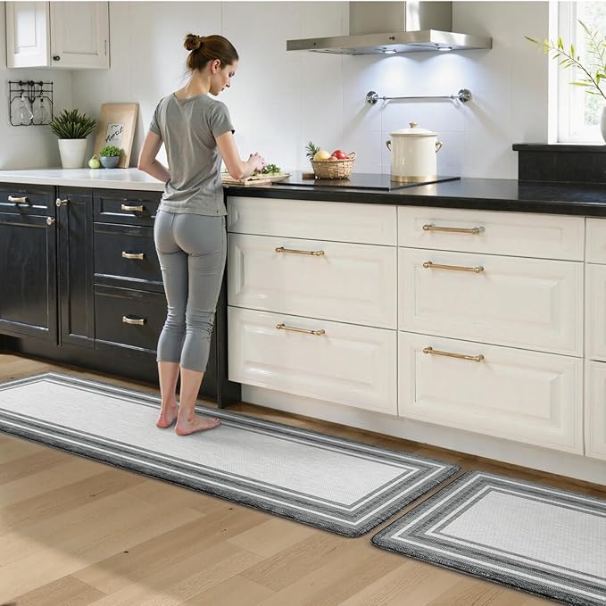 KIMODE Anti Fatigue Kitchen Mats for Floor 2 Piece, Cushioned Farmhouse Kitchen Rugs, Non Slip Kitchen Floor Mats, Comfort Foam Standing Desk Mats for Laundry Office Sink Grey 20"x71"+20"x32"