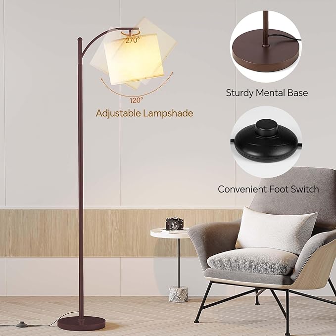 SUNMORY Floor Lamps for Living Room, Modern Floor Lamp with 9W 3 Color Temperatures Bulb, Metal Standing Lamps with Adjustable Lampshade, Arc Tall Floor Lamp for Bedroom, Office, Home Decor (Brown)
