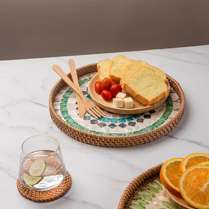 11.81" Decorative Round Mother Pearl Inlay Tray Rattan Wooden Base for Fruit Serving, Coffee Table Tray, Storage and Display Organizer (Colorful Square13.8)