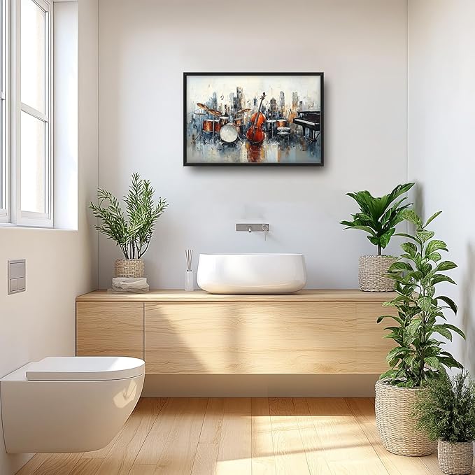 Flintis Large Music Cello Framed Wall Art Musical Piano Pictures Wall Decor Abstract Drums and Basses Canvas Painting Print Artworks Decor Framed for Living Room Bathroom Master Bedroom 36L X 24W