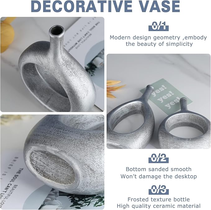 Silver Ceramic Hollow Elliptical Vase Set of 2 - Boho Circle Vase with Hole, for Modern Silver Table Decor, Living Room Decor Shelf mid Century Modern Home Entrance Decorative vase