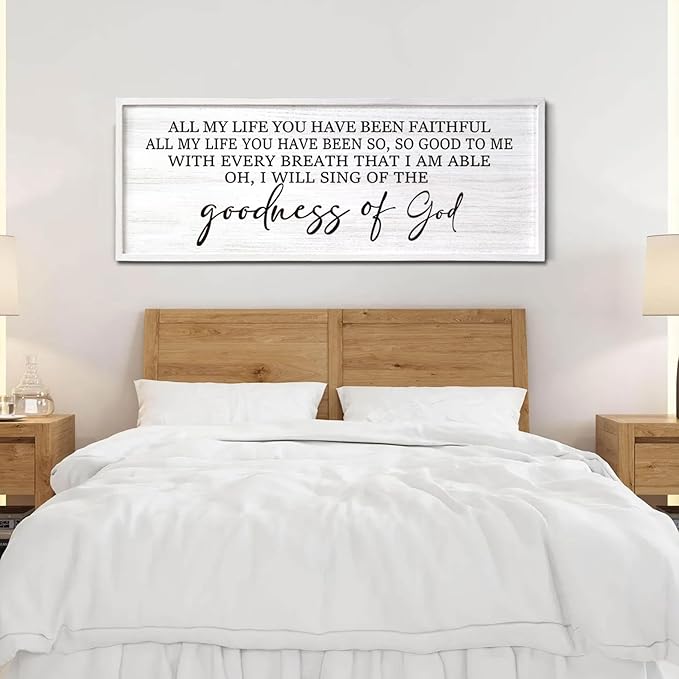 Goodness of God Framed Wall Art, 40''×15'' Positive Religious White Bible Verse for Christian God Jesus Christ Prayer, Vintage Rustic Long Holy Catholic Scripture Decor