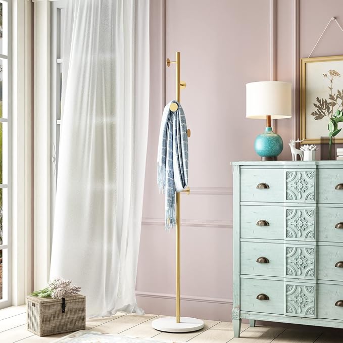 Gold Coat Racks, Metal Coat Rack Freestanding with Hooks, Entryway Coat Rack Stand, Coat Racks with Marble Base, Coat Tree for Hanging Clothes, Hats, Bags