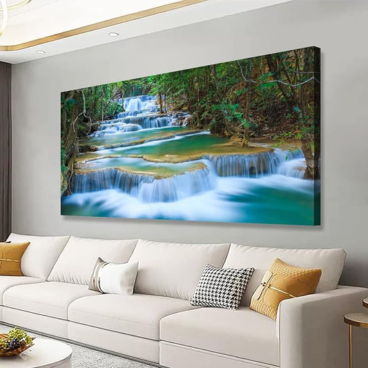 Waterfall Pictures Canvas Wall Art for Living room Bedroom Wall Decor,Green Water Wall Art Print Paitnings for home Decor,Morden Artwork Tree River Water Canvas Art Waterproof Stretched Ready to