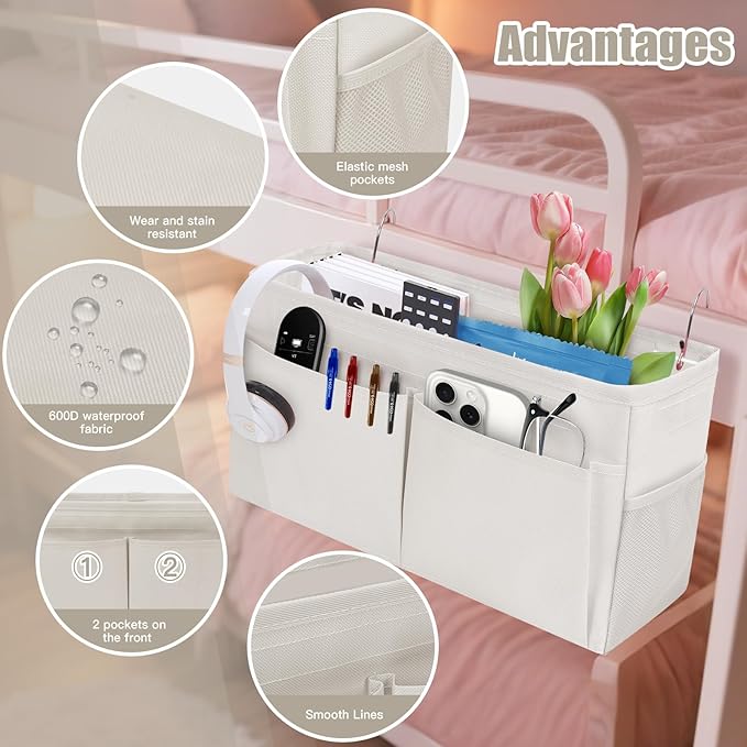 Bedside Caddy Organizer with Fixed Straps, Bunk Bed Caddy ideal for Home, Bunk Bed, Dorm, Hospital, Crib, Versatile Bedside Storage Solution (Beige)