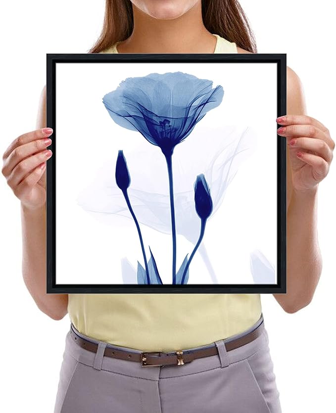Pyradecor Black Framed Canvas Wall Art Blue Flickering Flower Modern Grace Floral Paintings Pictures on Canvas Prints for Bedroom Office Home Decorations