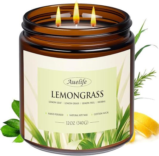 Auelife Lemongrass Scented Candle | 3-Wick Jar Candle - 12oz Natural Soy Wax - Lemon Scent for Indoor Outdoor Use, Long Lasting Aromatherapy Gifts for Home, Summer, 50+ Hour Burn