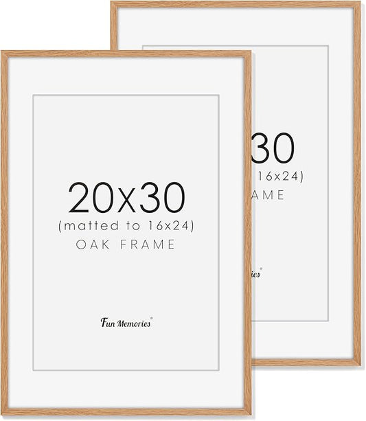 20x30 Oak Wood Picture Frame, 20"x30" Poster Frame for Wall, 20x30 Picture Frame with Mat for 16x24, 20 x 30 Picture Frames with Real Glass (Beige Oak Color, 2 Pack)