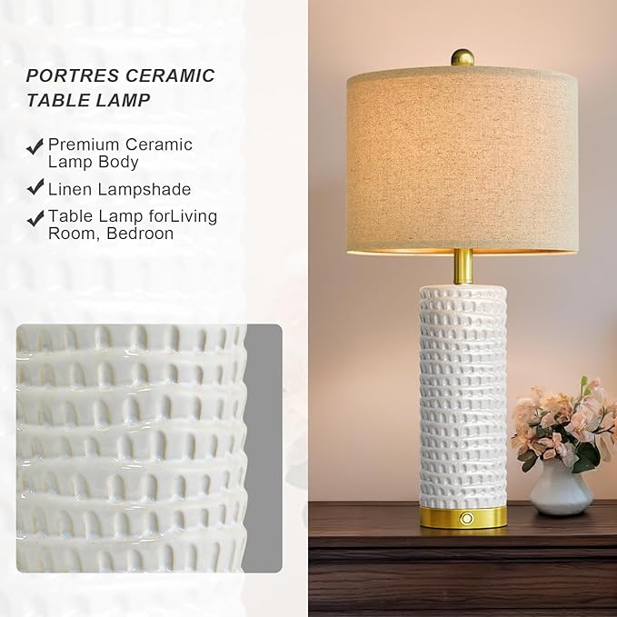 PORTRES 24" Modern Ceramic Table Lamp Set of 2 for Living Room Gold Bedside Lamps with USB A+C Charging Ports for Bedroom Farmhouse Nightstand Lamp 3-Way Dimmable Touch End Table Lamps