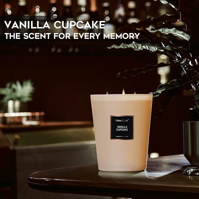 HomeLights Highly Scented Soy Candles Big 33.3 oz for Home. 3 Cotton Wicks, Smokeless Long Lasting 130 hrs in Vanilla Cupcake. 5x6, Great Gift for Women & Men
