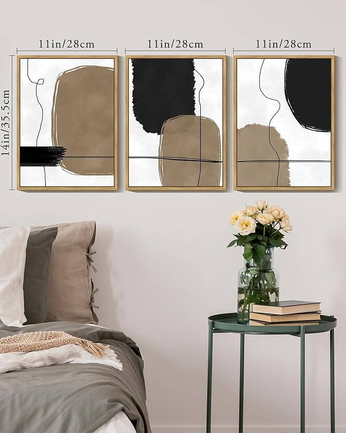 KUVIOKE Abstract Wall Art Framed Neutral Beige Mid Century Textured Artwork Black Minimalist Line Modern Illustrations Bedroom Hallway Ready to Hang 11x14in (Natural Framed)