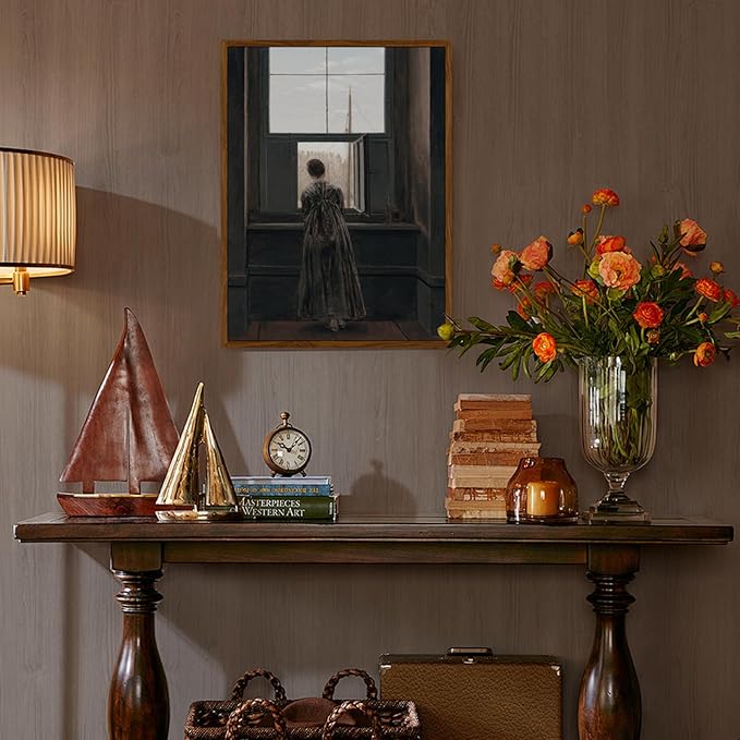 crmotu Framed Canvas Wall Art, Vintage Portrait Paintings Wall Decor, Woman by the Window Dark Art Prints, Retro Lady Back Pictures Rustic Farmhouse Home Decor Living Room Bedroom Bathroom 16x24in