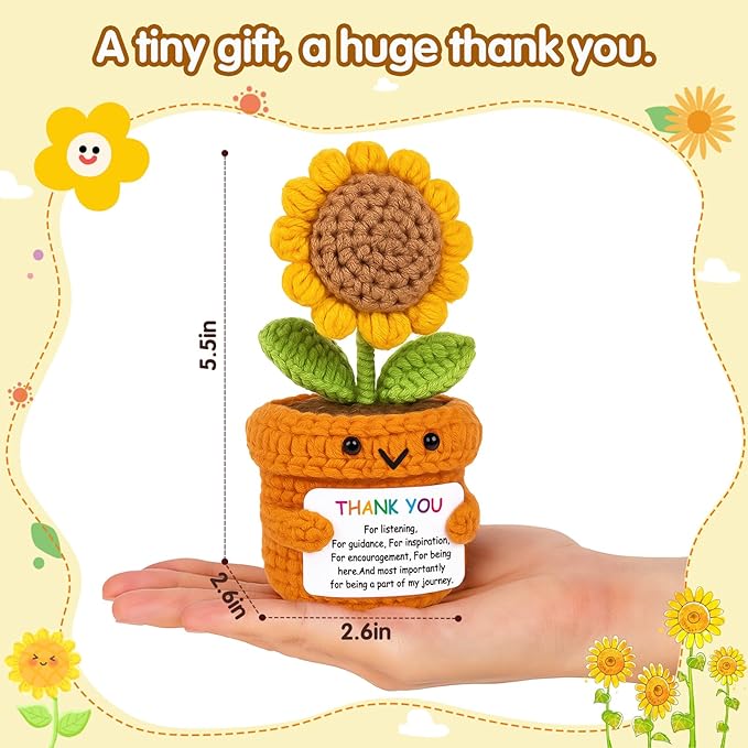 Crochet Sunflower Thank You Gift – Handmade Affirmation Doll with Appreciation Card for Teacher, Mentor, Coworker, Boss – Farewell, Retirement, Graduation, Christmas Office Desk Decor