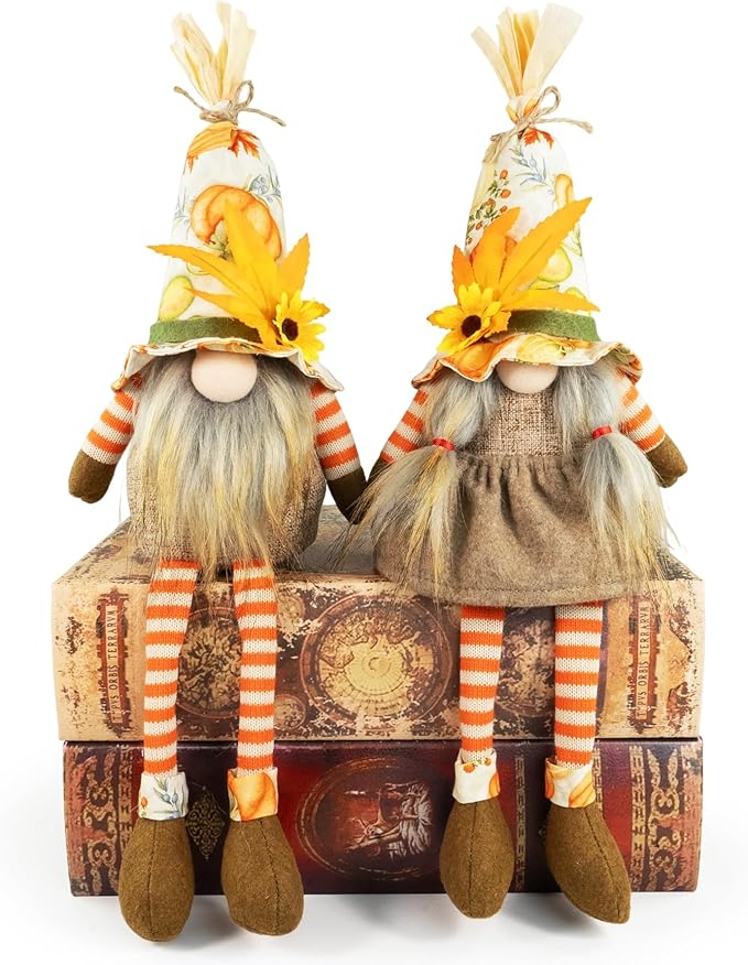 Thanksgiving Decorations – 2PCS Fall Gnomes Plush Shelf Sitters with Dangling Legs, Harvest Gnome Couple for Table Decor, Tiered Tray, Farmhouse Gnomes Gifts for Women