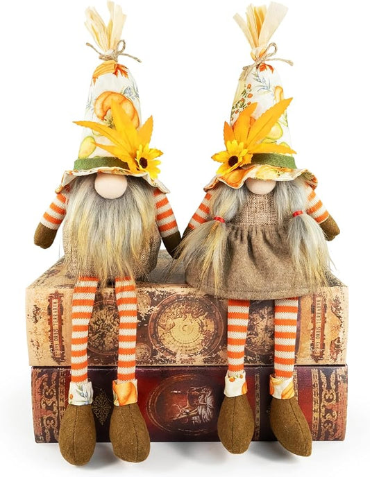 Thanksgiving Decorations – 2PCS Fall Gnomes Plush Shelf Sitters with Dangling Legs, Harvest Gnome Couple for Table Decor, Tiered Tray, Farmhouse Gnomes Gifts for Women
