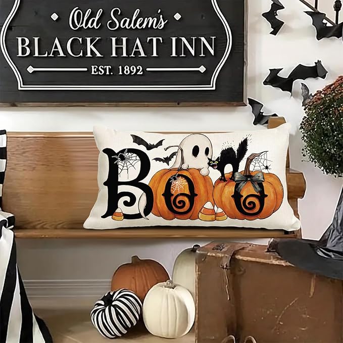 Baccessor Halloween Pillow Cover 12x20 Inch, Boo Ghost Spooky Lumbar Pillow Case Halloween Decor for Cushion Sofa Couch Indoor Outdoor Decoration 1 Piece