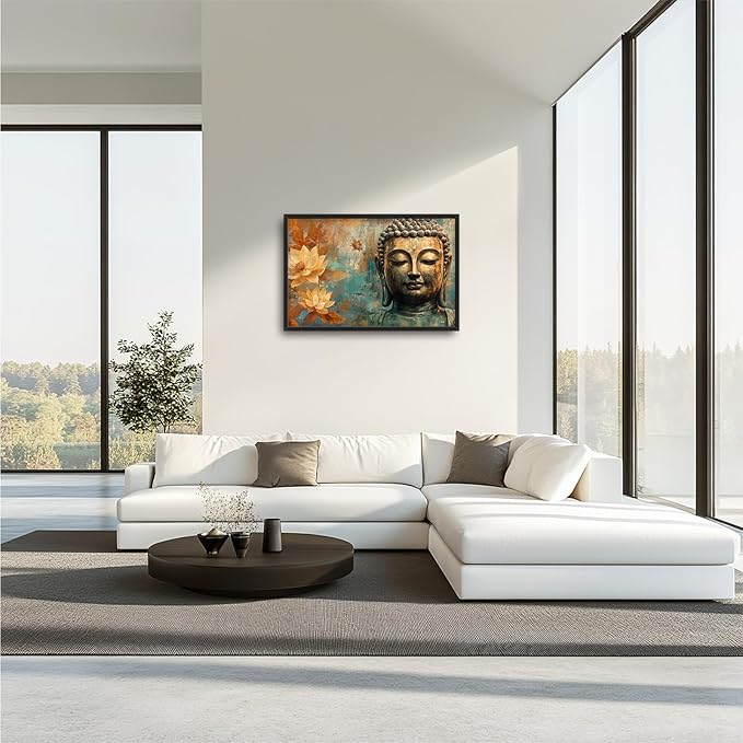 Framed Large Wall Art for Living Room, Golden Buddhist Canvas Wall Decor, Large Lotus Pictures Framed Painting, Zen Meditation Artwork for Bedroom Office Home Decor 36L'' × 24W''