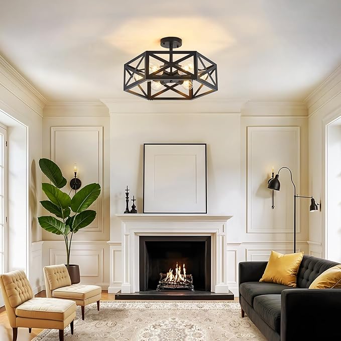 Modern Semi Flush Mount Ceiling Light,19.7" 6-Light Hexagon Flush Mount Ceiling Lights for Dining Room Light Fixture,Farmhouse Black Metal Kitchen Island Lighting Fixtures for Hallway,Bathroom