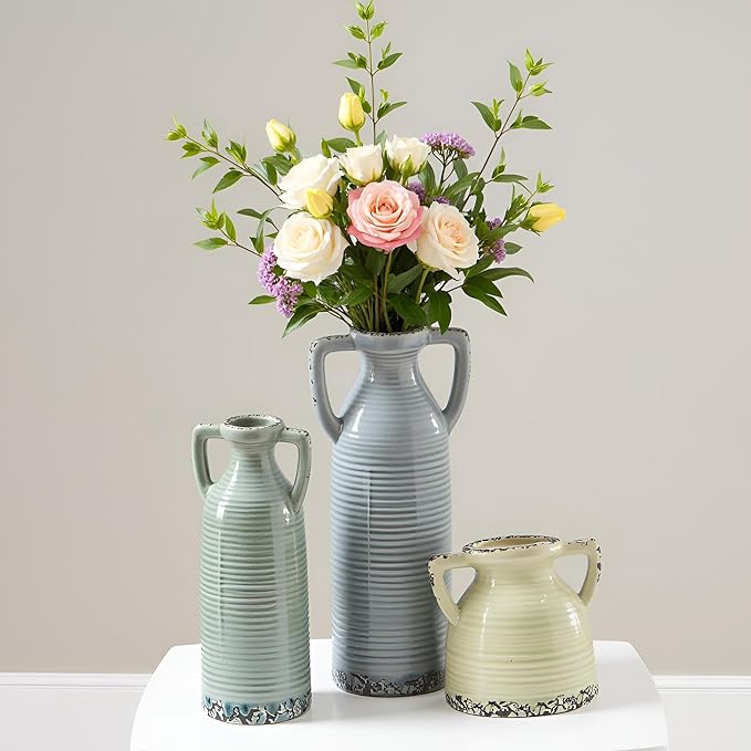 Ceramic Vase Set of 3 with Handles - Farmhouse Vase Set for Modern Decoration, Rustic Crackle Round Vases for Home Decor, Dining Table, Living Room, Kitchen, Office, Shelf - Multicolor