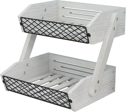 Dorhors Fruit Basket for Kitchen, 2 Tier Fruit Bowl,Kitchen Counter Organizer,Wooden Vegetable Holder for Countertop,Bread Storage Basket Stand (Rustic White)