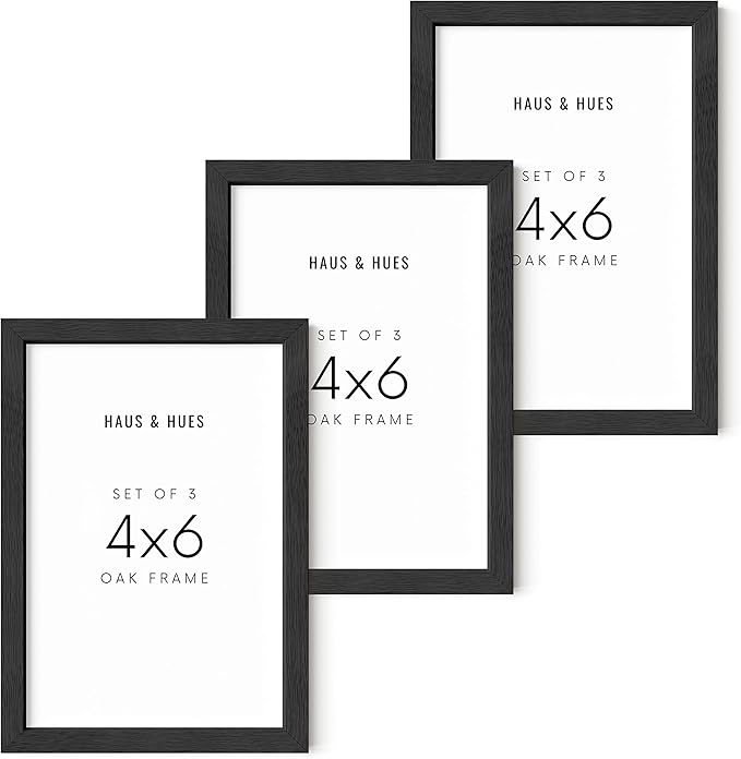 HAUS AND HUES Black Solid Oak Wall or Tabletop 4x6 Picture Frames Set of 3 - Photo Gallery Wall Frame Set, Black