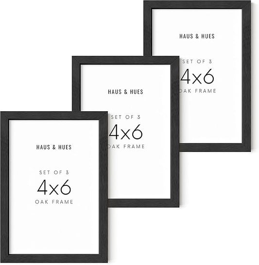 HAUS AND HUES Black Solid Oak Wall or Tabletop 4x6 Picture Frames Set of 3 - Photo Gallery Wall Frame Set, Black