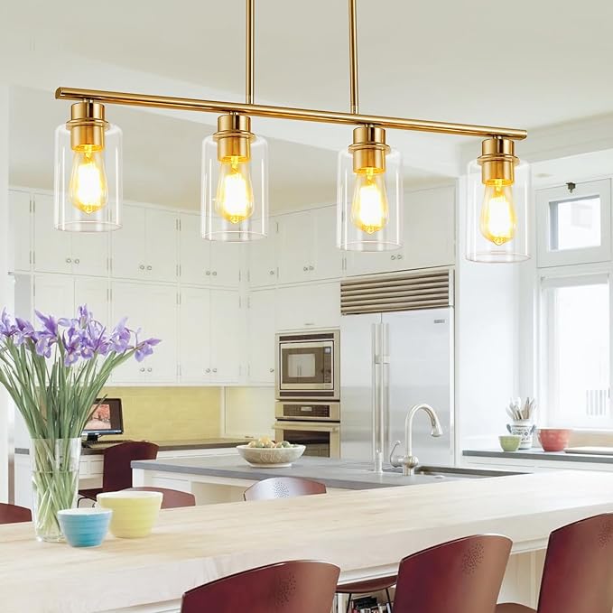 Kitchen Island Light, 4-Light Pendant Lighting, Farmhouse Industrial Dining Room Light Fixtures for Kitchen Island Dining Living Room, Brushed Gold with Clear Glass Shade