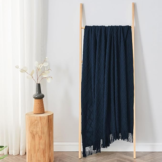 inhand Knitted Throw Blankets for Couch and Bed, Soft Cozy Knit Blanket with Tassel, Dark Blue Lightweight Decorative Blankets and Throws, Farmhouse Warm Woven Blanket for Men and Women, 60"x80"