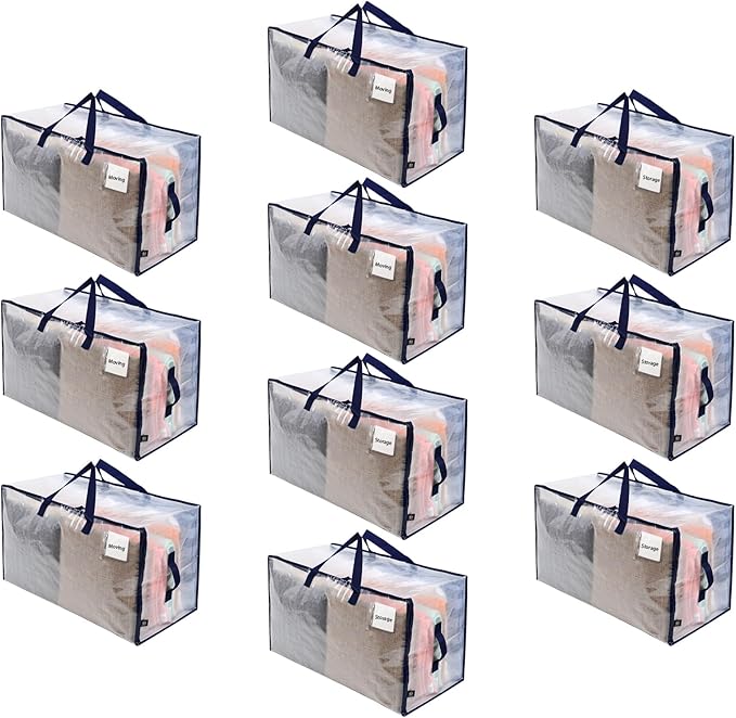VENO 10 Pack Moving and Storage Bags, Heavy Duty, Alternative to Moving Boxes, Large Packing Totes Supplies for College Dorm Room with Zipper for Clothes, Wide Open Design (Clear, 10 Pack)