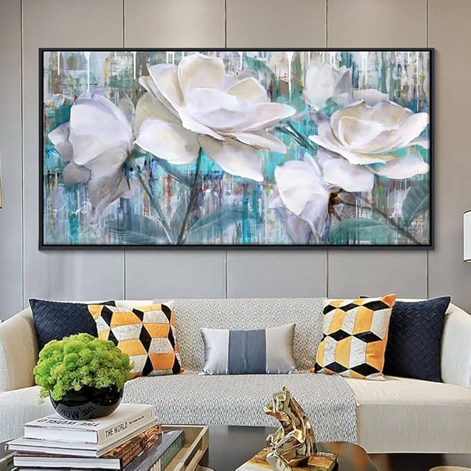 Large Flower Pictures Wall Art White Floral Modern Painting Wall Decor for Living Room Framed Artwork for Walls Bedroom Wall Decor Above Bed 24×48IN