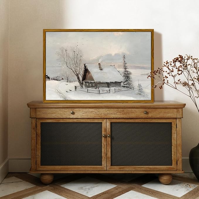crmotu Large Framed Wall Art, Winter Landscape Vintage Decor Painting, Retro Snowy Cabin Canvas Prints, Country Nature Scenery Pictures Wall Decor Living Room Bedroom, Rustic Farmhouse Artwork 24x36in