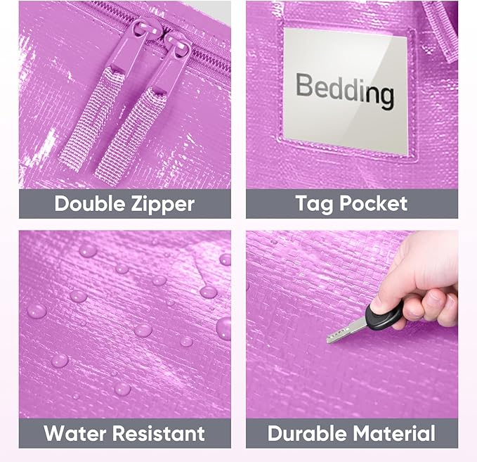 TICONN 2 Pack Extra Large Moving Bags with Zippers & Carrying Handles, Heavy-Duty Storage Tote Moving Boxes for Space Saving (2 Pack, Pink)