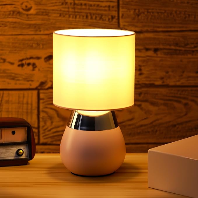 Small Modern Touch Eye Protection Bedside Table Lamp, 7 x 7 x 12 Inch Pink Metal Base Table Lamp for Bedrooms and Office (Pink Fabric Lampshade)