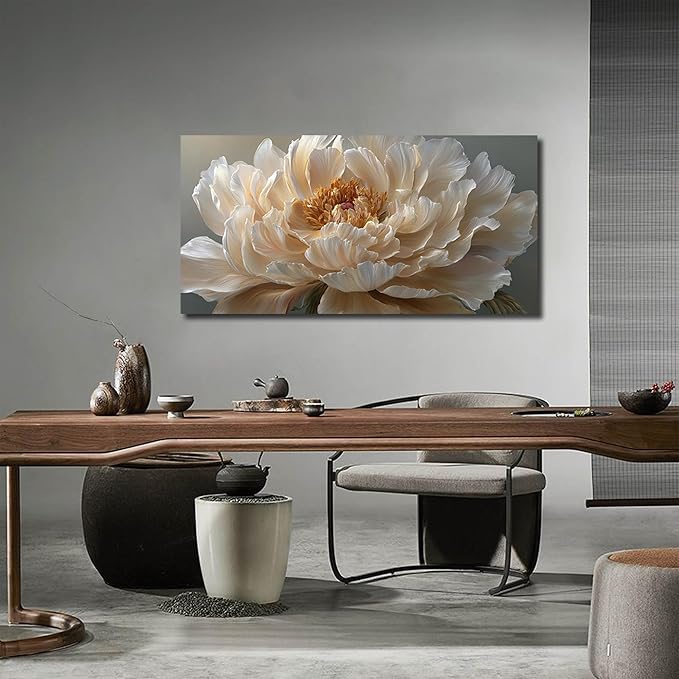 Large Floral Canvas Wall Decor for Bedroom Living Room Office Light Yellow Wall Art Flower Picture Art White Peony Modern Artwork Posters 24"x48"