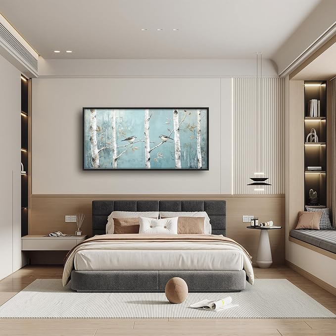 Flintis Large Birch Tree Bird Framed Wall Art Forest Birds Pictures Wall Decor Abstract Natural Landscape Canvas Painting Print Artworks Framed for Living Room Bathroom Master Bedroom 60L X 30W