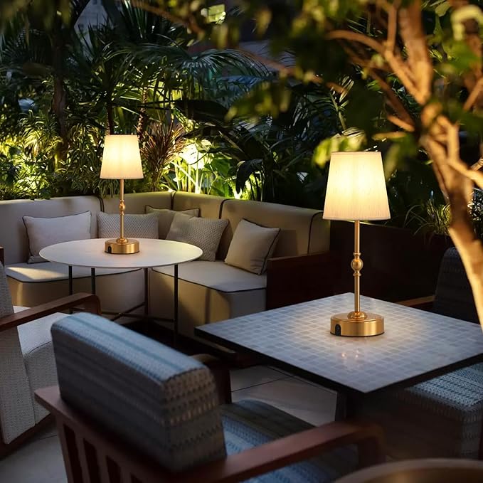 Cordless Rechargeable LED Table Lamp with Dimmer,Nightstand Lamp with USB Port,Antique Brass Portables Outdoor Lamp, Battery Operated Lamp for Patio Bedroom Bedside Balcony Camping Bar RV