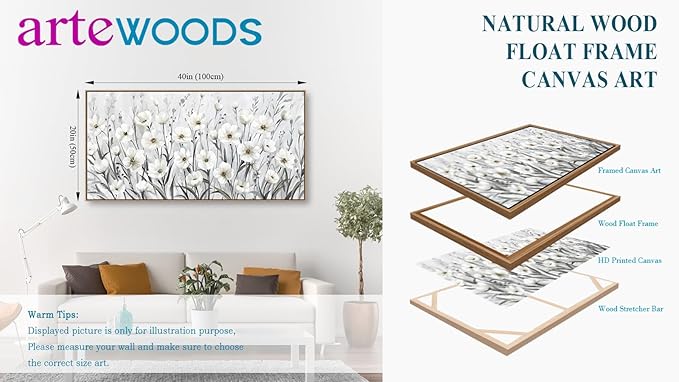 arteWOODS Flowers Framed Wall Art - Grey White Wildflowers Canvas Pictures Wall Decor Botanical Painting Artwork Elegant Floral Prints for Living Room Bedroom Home Decor 40 x 20in Natural Wood Frame