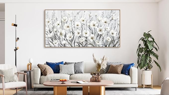 arteWOODS Flowers Framed Wall Art - Grey White Wildflowers Canvas Pictures Wall Decor Botanical Painting Artwork Elegant Floral Prints for Living Room Bedroom Home Decor 40 x 20in Natural Wood Frame