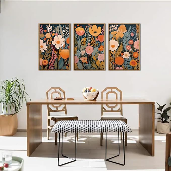 IARTTOP Large Floral Framed Canvas Wall Art 16x24 Inch Orange Abstract Blossom Flowers Wall Decor Set of 3 Mid-century Modern Boho Botanical Art Prints for Living Room Bedroom Office