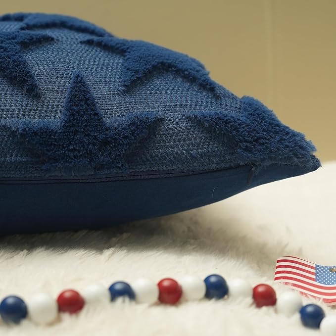 GEEORY 4TH of July Stars Soft Plush Pillow Covers, 20 x 20 Inch Set of 2, Fluffy Faux Fur Wool Decorative Farmhouse Cushion Case for Sofa Home Decoration Blue GC017-20