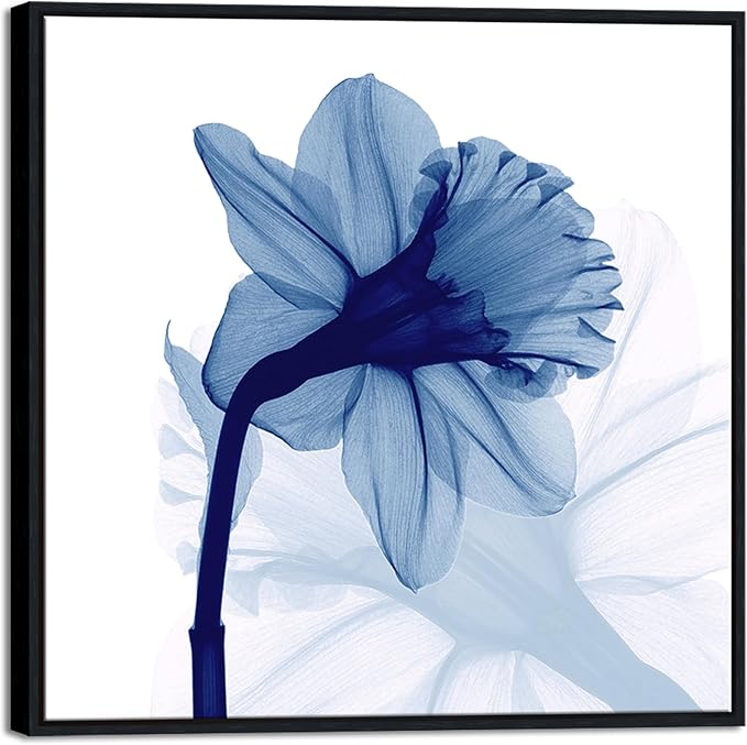 Pyradecor Large Black Framed Wall Art One Panel Blue Flickering Flower Paintings Canvas Prints Grace Floral Pictures Artwork for Bedroom Office Home Decorations