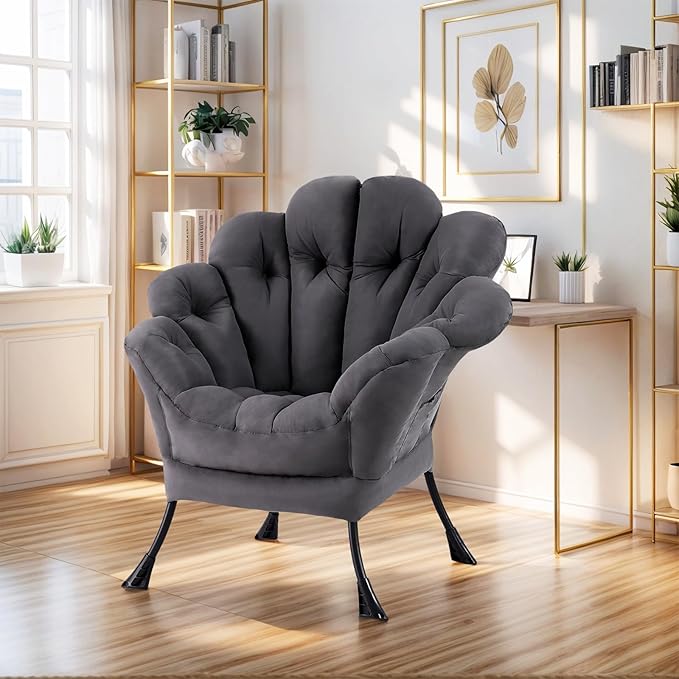 Lazy Chair, Modern Floral Reading Chair with Folding Footrest, Lounge Accent Chair, Comfortable Oversized Armchairs for Bedroom, Living Room, Courtyard, Dark Grey