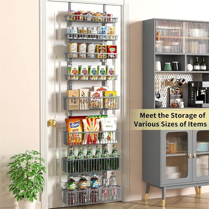 Moforoco Grey Over The Door Pantry Organizer, Pantry Door Organizer Shelves, Kitchen Organizers and Storage, Hanging Basket Wall Spice Rack Seasoning Shelves, Laundry Room Bathroom accessories